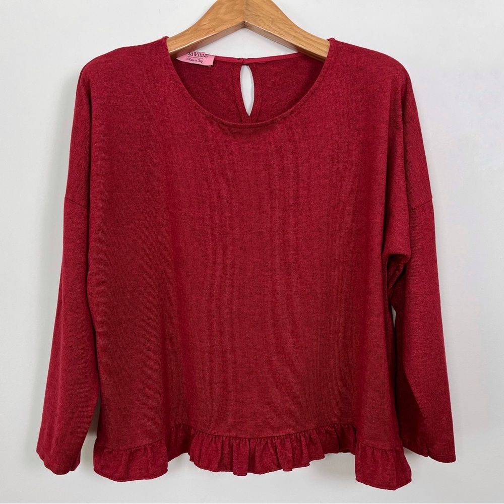 Via Vitale Red Cotton Wool Long Sleeve Ruffle Hem Bohemian Crewneck Top Size‎ XL